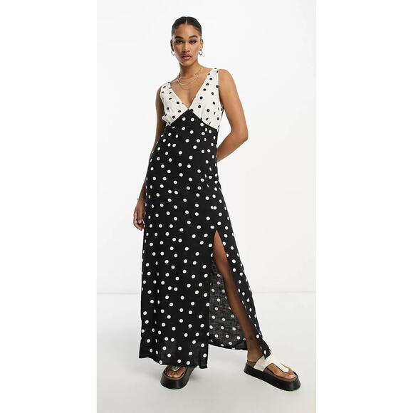 ASOS Linen V Neck Polka Dot Maxi Slip Sundress Women Plus 16 Tall New Mono Spot - Picture 1 of 11